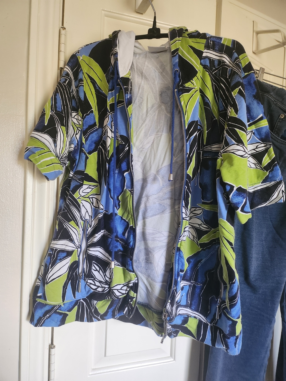 Floral Zip-Front Bomber Jacket in Blue, Black, White & Lime
